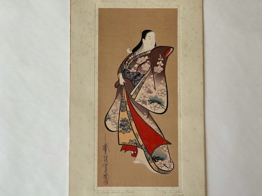 Original 1st Edition 1906 Japanese Woodblock Print By 17th Century Japanese Artist Do-Shin Titled 'A Lady Looking Back' 11 X 19 [Photo 3]