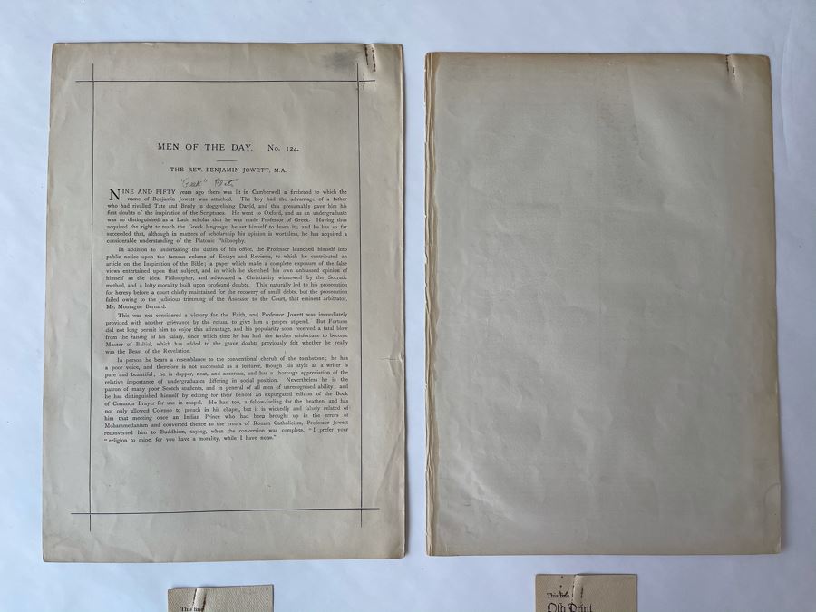 Pair Of Antique 1876 / 1877 Vanity Fair Prints Titled 'Greek' The Rev. Benjamin Jowett, M.A. And 'Poetry' Sir. Francis Hastings Charles Doyle 10 X 15 [Photo 19]