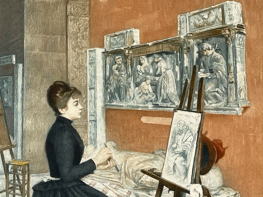 Antique 1893 Henri Cain Lithograph 'At The Louvre' 12 X 15 [Photo 4]