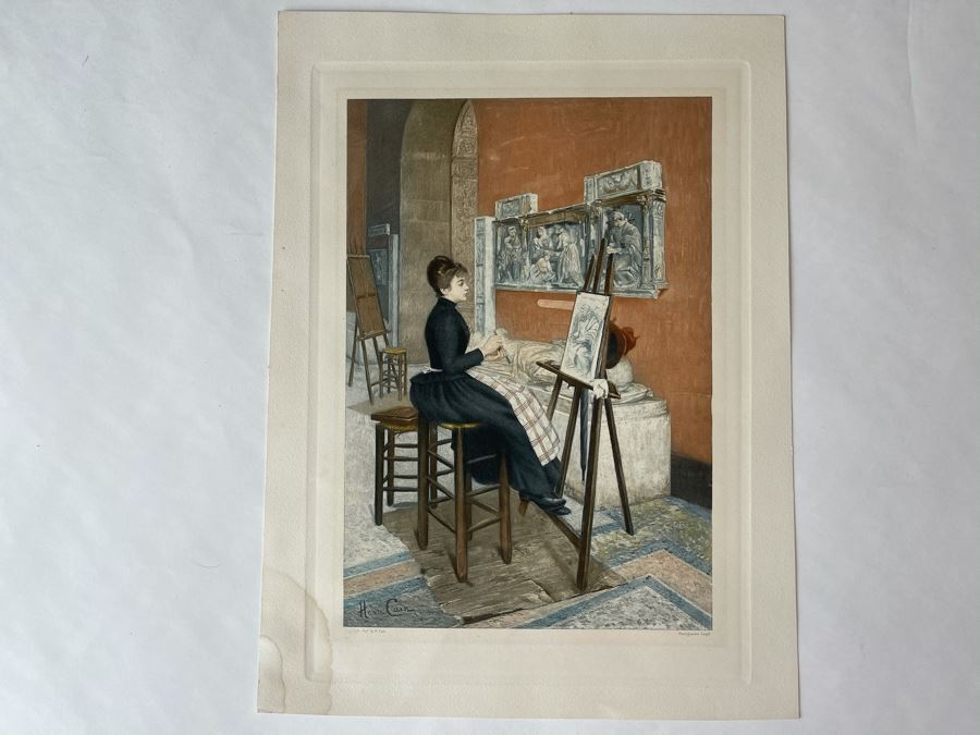 Antique 1893 Henri Cain Lithograph 'At The Louvre' 12 X 15 [Photo 2]