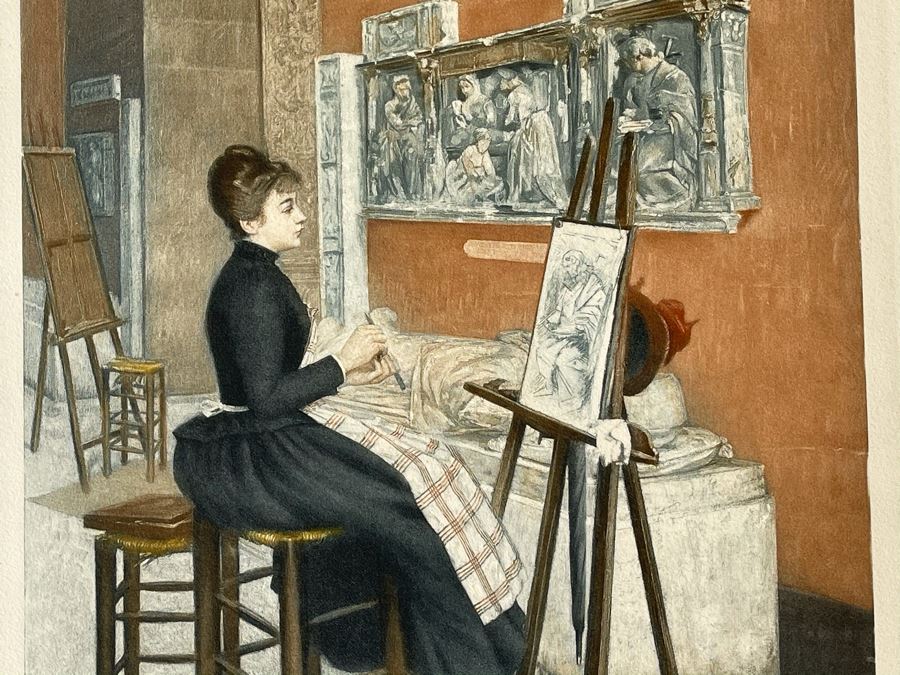 Antique 1893 Henri Cain Lithograph 'At The Louvre' 12 X 15 [Photo 3]