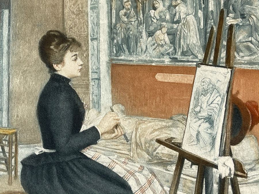 Antique 1893 Henri Cain Lithograph 'At The Louvre' 12 X 15 [Photo 5]