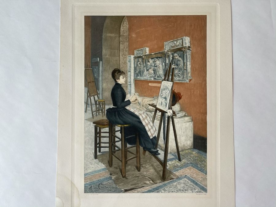 Antique 1893 Henri Cain Lithograph 'At The Louvre' 12 X 15