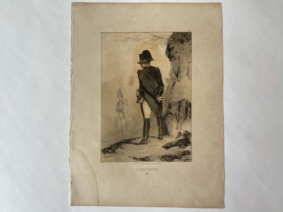 Antique 1845 Lithograph Of Napoleon Titled 'L'Empereur' Shown Full-Length Standing To Left In Military Uniform By Nicolas Toussaint Charlet By French Engraver Auguste Bry (134, Rue Du Bac, Paris, France) 10.75 X 14.25 [Photo 3]