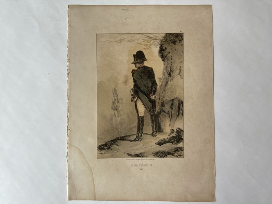 Antique 1845 Lithograph Of Napoleon Titled 'L'Empereur' Shown Full-Length Standing To Left In Military Uniform By Nicolas Toussaint Charlet By French Engraver Auguste Bry (134, Rue Du Bac, Paris, France) 10.75 X 14.25 [Photo 2]