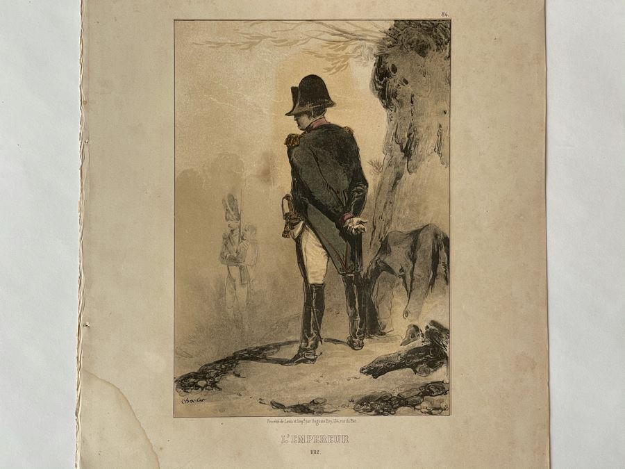 Antique 1845 Lithograph Of Napoleon Titled 'L'Empereur' Shown Full-Length Standing To Left In Military Uniform By Nicolas Toussaint Charlet By French Engraver Auguste Bry (134, Rue Du Bac, Paris, France) 10.75 X 14.25 [Photo 1]