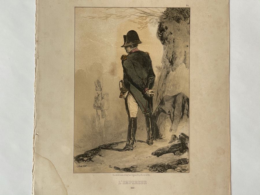 Antique 1845 Lithograph Of Napoleon Titled 'L'Empereur' Shown Full-Length Standing To Left In Military Uniform By Nicolas Toussaint Charlet By French Engraver Auguste Bry (134, Rue Du Bac, Paris, France) 10.75 X 14.25 [Photo 4]