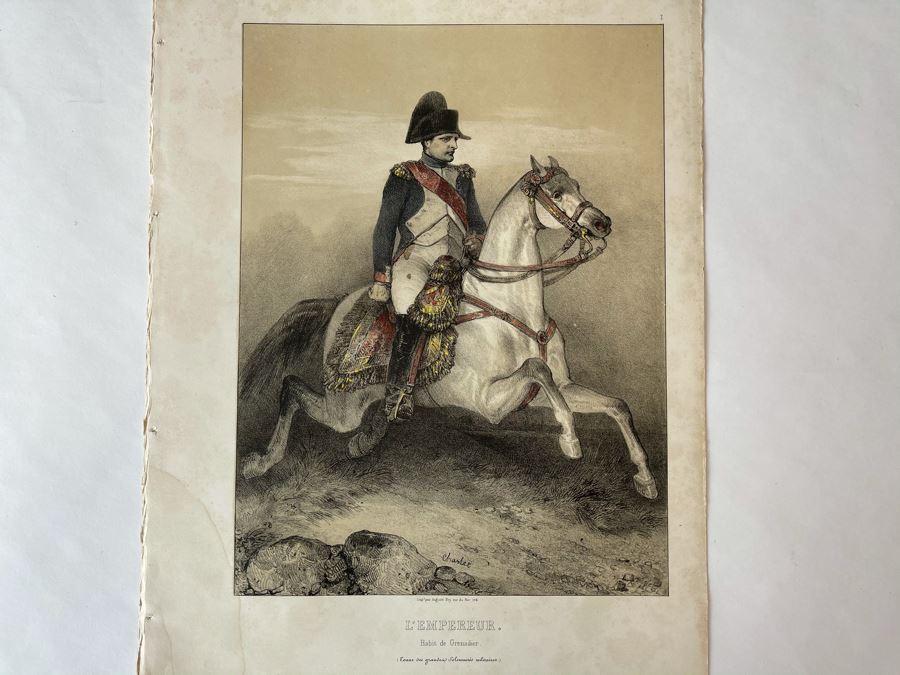Antique 1845 Lithograph Of Napoleon Titled 'L'Empereur. Habit De Grenadier' Shown Riding Horse In Military Uniform By Artist Nicolas Toussaint Charlet Engraved By French Engraver Auguste Bry (134, Rue Du Bac, Paris, France) 10.75 X 14.25