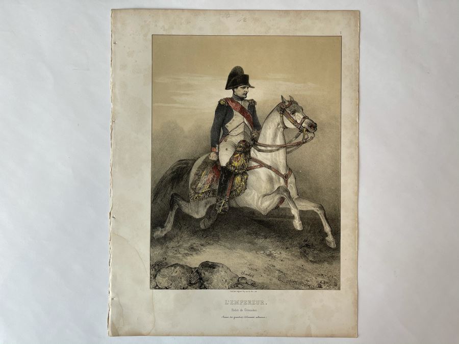 Antique 1845 Lithograph Of Napoleon Titled 'L'Empereur. Habit De Grenadier' Shown Riding Horse In Military Uniform By Artist Nicolas Toussaint Charlet Engraved By French Engraver Auguste Bry (134, Rue Du Bac, Paris, France) 10.75 X 14.25 [Photo 2]
