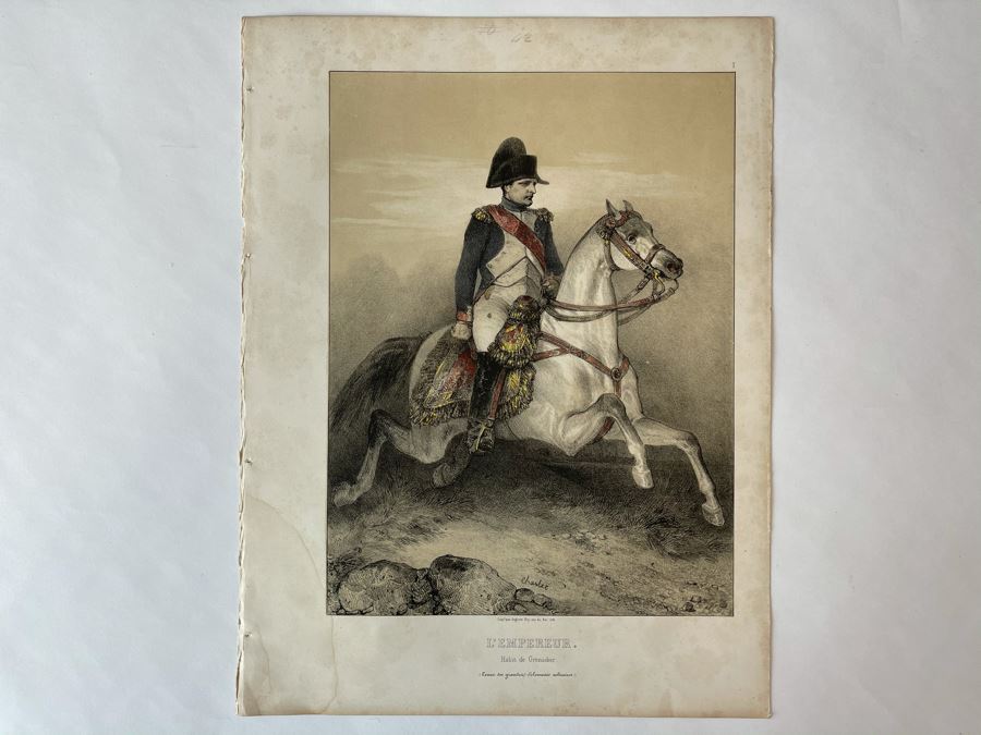 Antique 1845 Lithograph Of Napoleon Titled 'L'Empereur. Habit De Grenadier' Shown Riding Horse In Military Uniform By Artist Nicolas Toussaint Charlet Engraved By French Engraver Auguste Bry (134, Rue Du Bac, Paris, France) 10.75 X 14.25 [Photo 3]