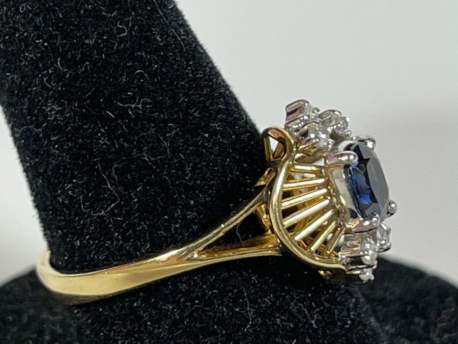 14K Gold Ring With Sapphire And Four Small Diamonds Size 7.5 [Photo 5]