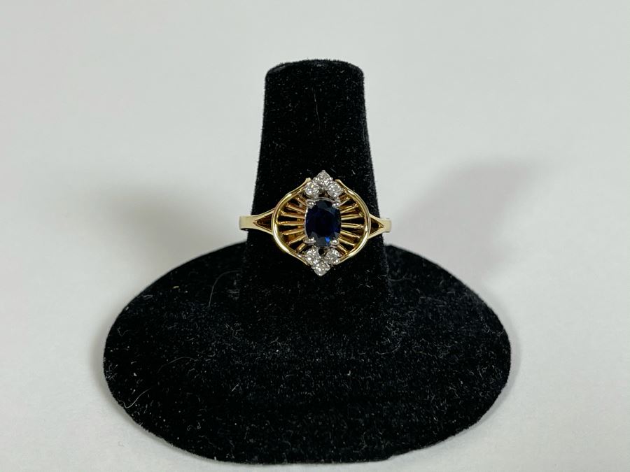 14K Gold Ring With Sapphire And Four Small Diamonds Size 7.5 [Photo 3]