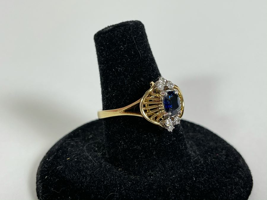 14K Gold Ring With Sapphire And Four Small Diamonds Size 7.5 [Photo 8]