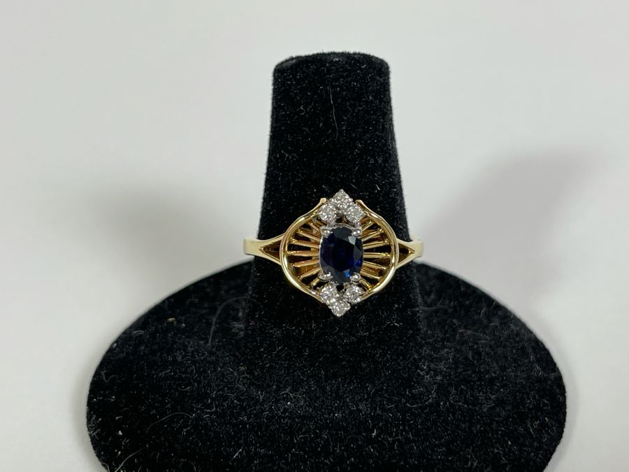 14K Gold Ring With Sapphire And Four Small Diamonds Size 7.5 [Photo 4]