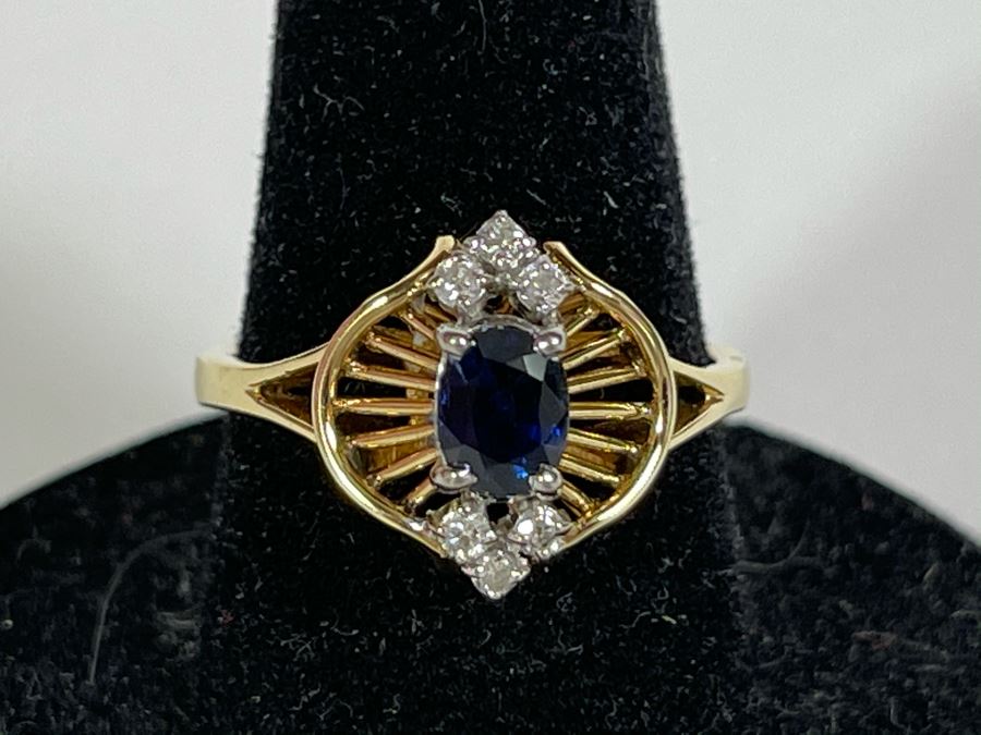 14K Gold Ring With Sapphire And Four Small Diamonds Size 7.5 [Photo 2]