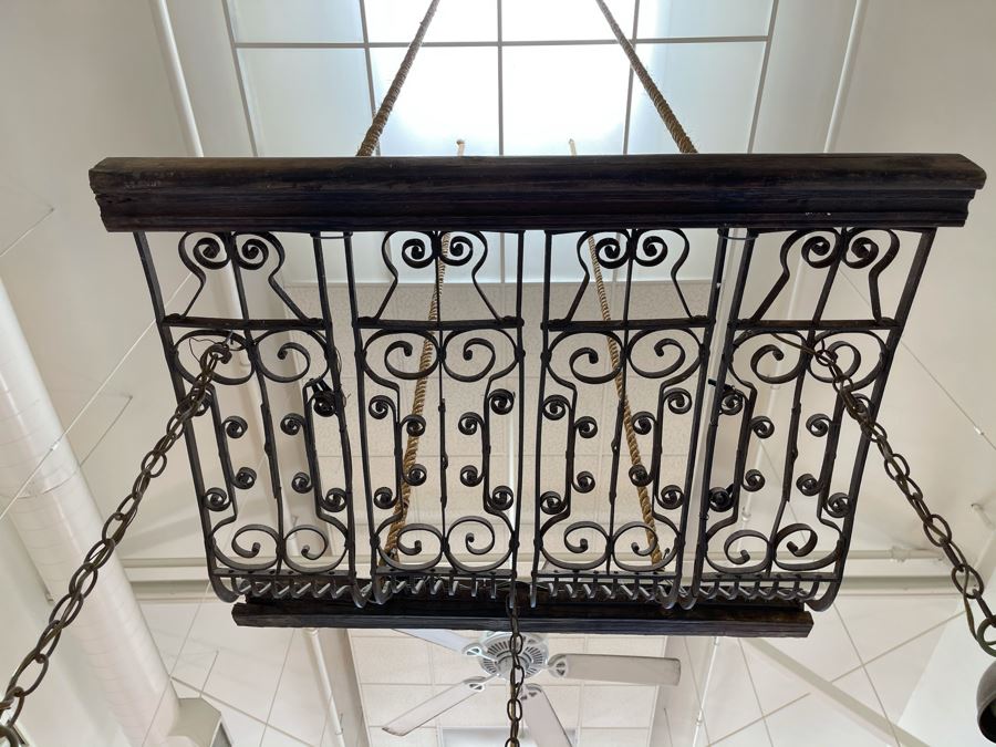 Set Of 3 Copper Lantern Light Fixtures With Wrought Iron And Wood Gate For Hanging - Lanterns Measure 12'W X 22'H - Gate Measures Apx 40'W X 29'H - 3 Lanterns Retails For $2,200 Without Gate [Photo 7]