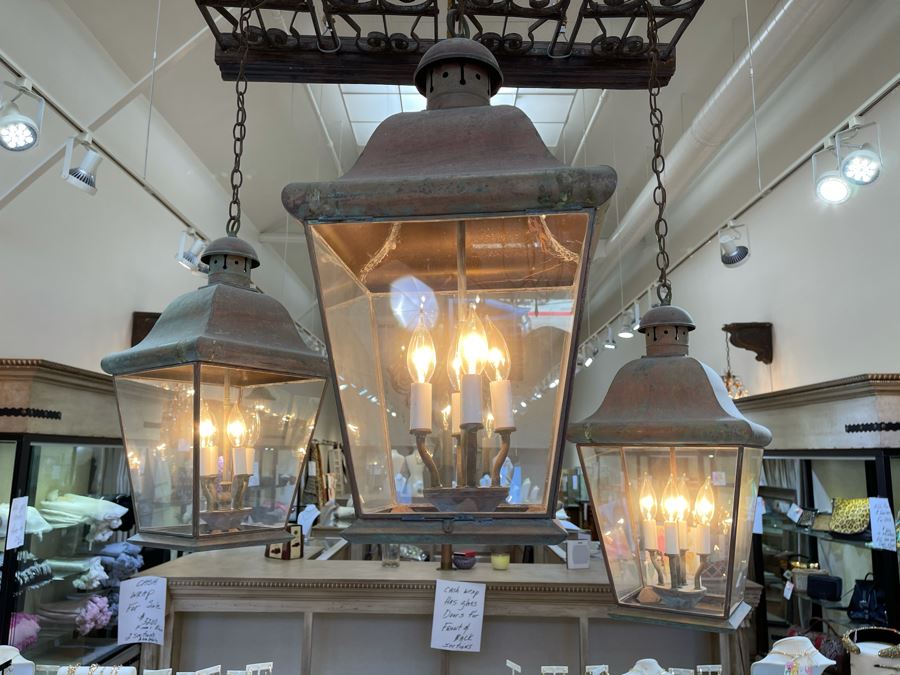 Set Of 3 Copper Lantern Light Fixtures With Wrought Iron And Wood Gate For Hanging - Lanterns Measure 12'W X 22'H - Gate Measures Apx 40'W X 29'H - 3 Lanterns Retails For $2,200 Without Gate [Photo 3]