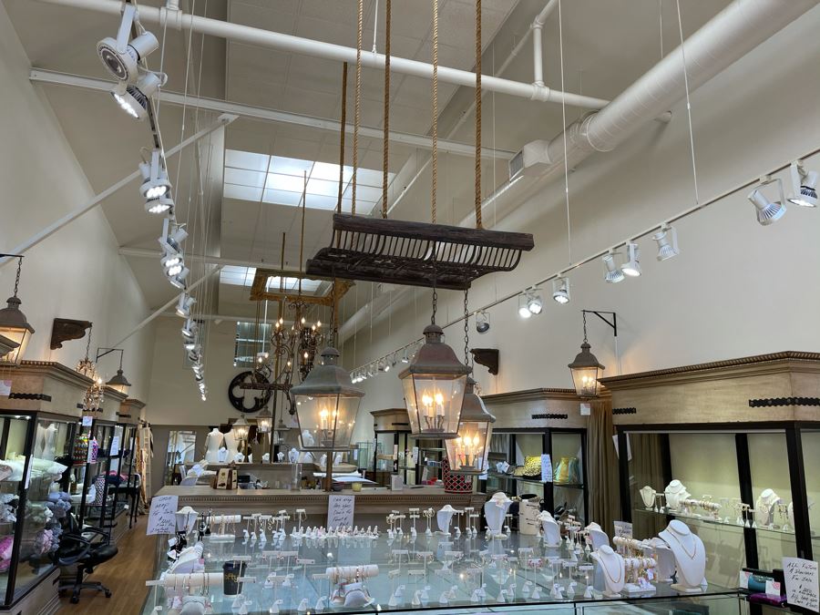 Set Of 3 Copper Lantern Light Fixtures With Wrought Iron And Wood Gate For Hanging - Lanterns Measure 12'W X 22'H - Gate Measures Apx 40'W X 29'H - 3 Lanterns Retails For $2,200 Without Gate [Photo 12]