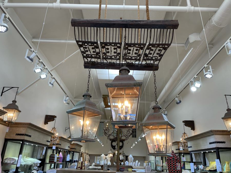 Set Of 3 Copper Lantern Light Fixtures With Wrought Iron And Wood Gate For Hanging - Lanterns Measure 12'W X 22'H - Gate Measures Apx 40'W X 29'H - 3 Lanterns Retails For $2,200 Without Gate [Photo 10]