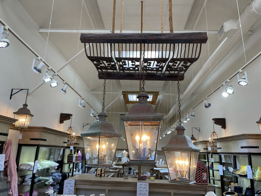 Set Of 3 Copper Lantern Light Fixtures With Wrought Iron And Wood Gate For Hanging - Lanterns Measure 12'W X 22'H - Gate Measures Apx 40'W X 29'H - 3 Lanterns Retails For $2,200 Without Gate [Photo 11]