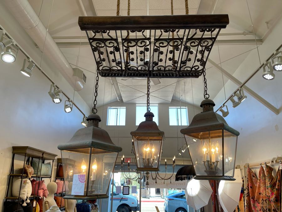 Set Of 3 Copper Lantern Light Fixtures With Wrought Iron And Wood Gate For Hanging - Lanterns Measure 12'W X 22'H - Gate Measures Apx 40'W X 29'H - 3 Lanterns Retails For $2,200 Without Gate [Photo 6]