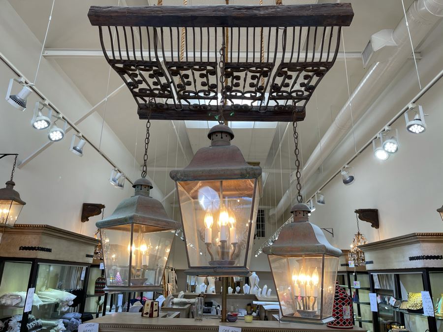 Set Of 3 Copper Lantern Light Fixtures With Wrought Iron And Wood Gate For Hanging - Lanterns Measure 12'W X 22'H - Gate Measures Apx 40'W X 29'H - 3 Lanterns Retails For $2,200 Without Gate [Photo 4]