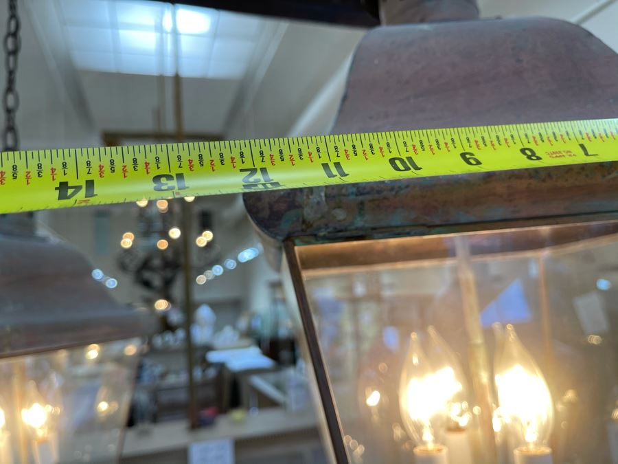 Set Of 3 Copper Lantern Light Fixtures With Wrought Iron And Wood Gate For Hanging - Lanterns Measure 12'W X 22'H - Gate Measures Apx 40'W X 29'H - 3 Lanterns Retails For $2,200 Without Gate [Photo 13]