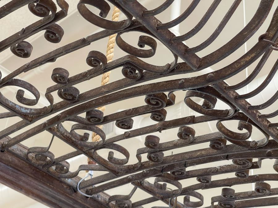 Set Of 3 Copper Lantern Light Fixtures With Wrought Iron And Wood Gate For Hanging - Lanterns Measure 12'W X 22'H - Gate Measures Apx 40'W X 29'H - 3 Lanterns Retails For $2,200 Without Gate [Photo 19]