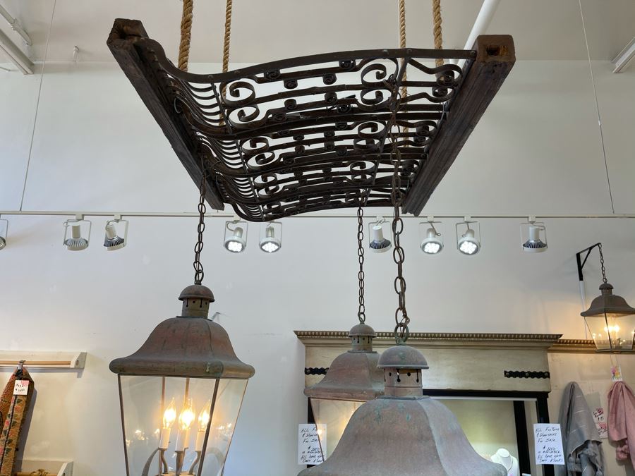 Set Of 3 Copper Lantern Light Fixtures With Wrought Iron And Wood Gate For Hanging - Lanterns Measure 12'W X 22'H - Gate Measures Apx 40'W X 29'H - 3 Lanterns Retails For $2,200 Without Gate [Photo 21]
