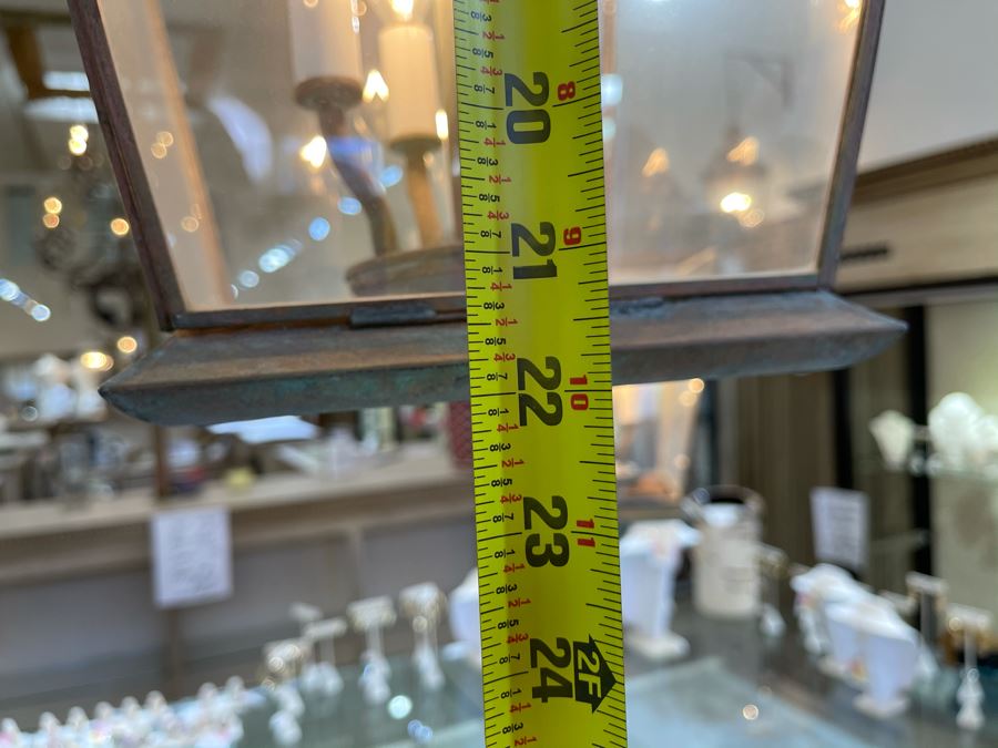 Set Of 3 Copper Lantern Light Fixtures With Wrought Iron And Wood Gate For Hanging - Lanterns Measure 12'W X 22'H - Gate Measures Apx 40'W X 29'H - 3 Lanterns Retails For $2,200 Without Gate [Photo 14]