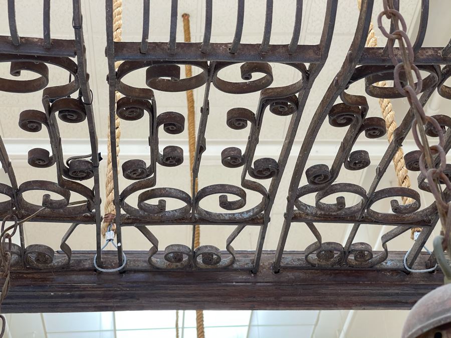Set Of 3 Copper Lantern Light Fixtures With Wrought Iron And Wood Gate For Hanging - Lanterns Measure 12'W X 22'H - Gate Measures Apx 40'W X 29'H - 3 Lanterns Retails For $2,200 Without Gate [Photo 17]