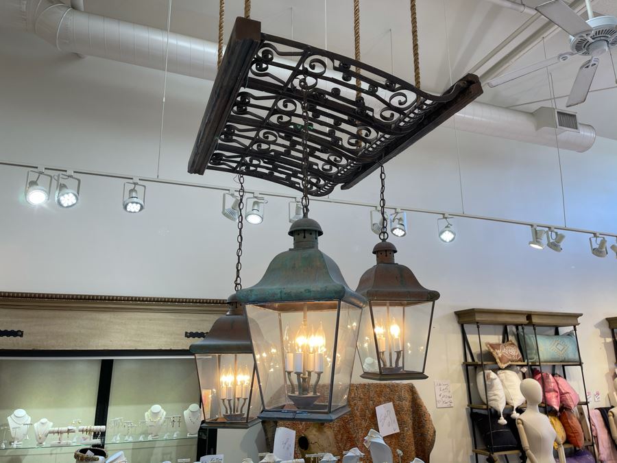 Set Of 3 Copper Lantern Light Fixtures With Wrought Iron And Wood Gate For Hanging - Lanterns Measure 12'W X 22'H - Gate Measures Apx 40'W X 29'H - 3 Lanterns Retails For $2,200 Without Gate [Photo 5]