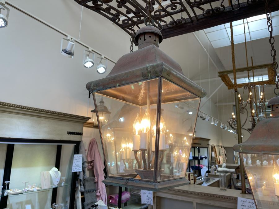 Set Of 3 Copper Lantern Light Fixtures With Wrought Iron And Wood Gate For Hanging - Lanterns Measure 12'W X 22'H - Gate Measures Apx 40'W X 29'H - 3 Lanterns Retails For $2,200 Without Gate [Photo 2]