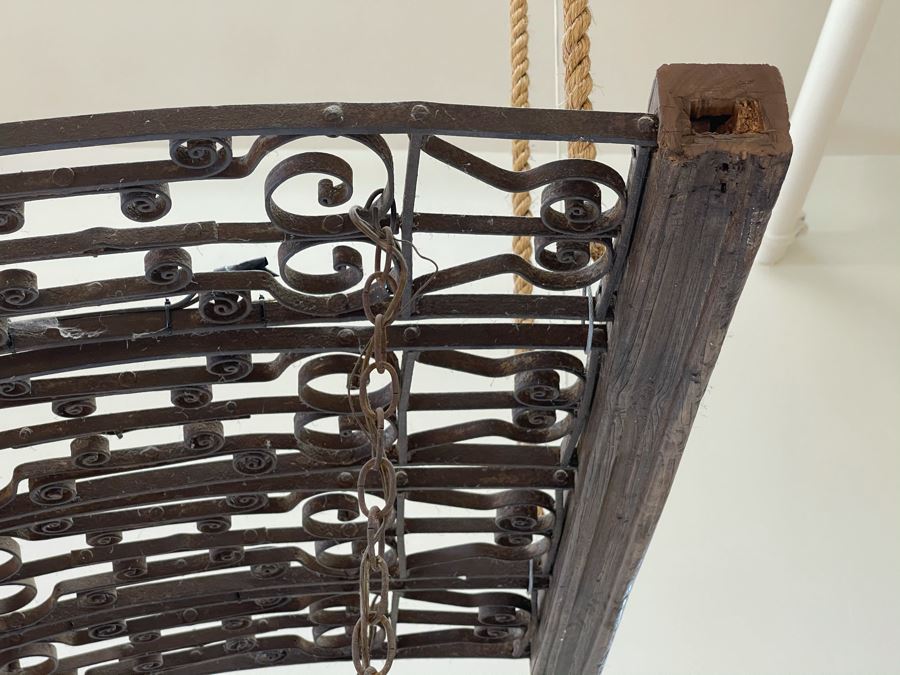 Set Of 3 Copper Lantern Light Fixtures With Wrought Iron And Wood Gate For Hanging - Lanterns Measure 12'W X 22'H - Gate Measures Apx 40'W X 29'H - 3 Lanterns Retails For $2,200 Without Gate [Photo 22]