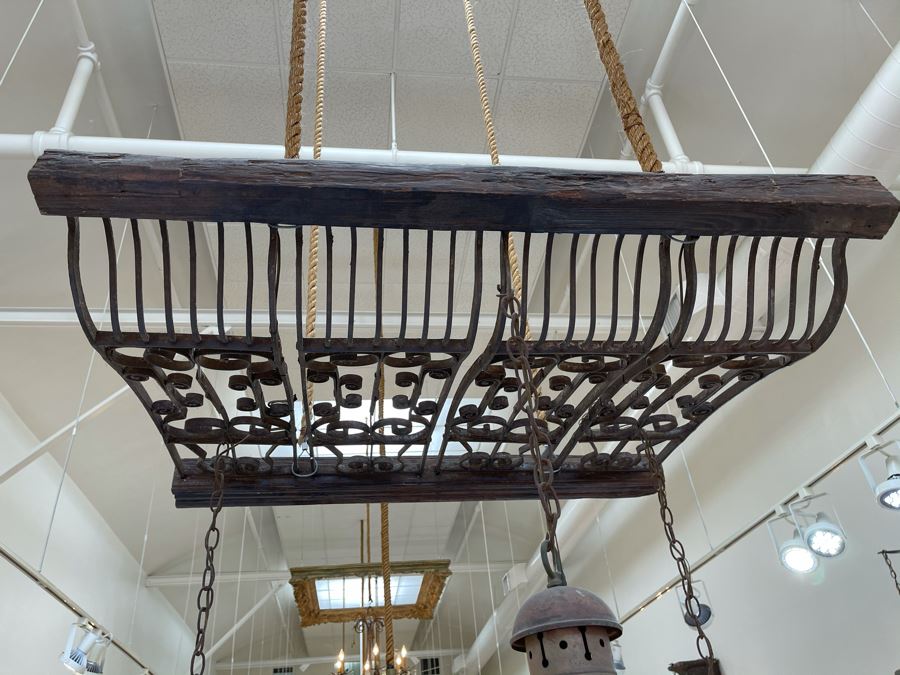 Set Of 3 Copper Lantern Light Fixtures With Wrought Iron And Wood Gate For Hanging - Lanterns Measure 12'W X 22'H - Gate Measures Apx 40'W X 29'H - 3 Lanterns Retails For $2,200 Without Gate [Photo 15]