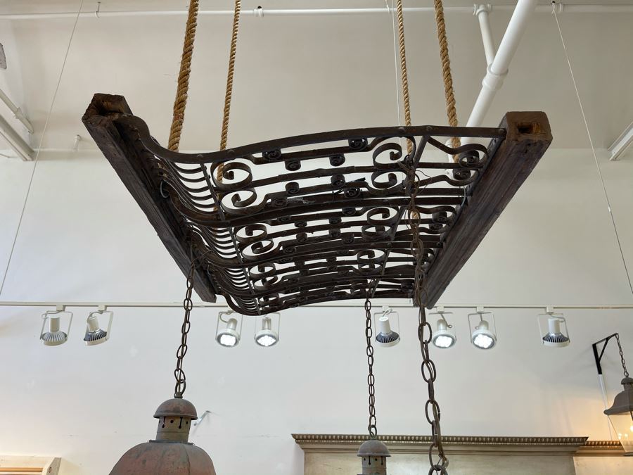 Set Of 3 Copper Lantern Light Fixtures With Wrought Iron And Wood Gate For Hanging - Lanterns Measure 12'W X 22'H - Gate Measures Apx 40'W X 29'H - 3 Lanterns Retails For $2,200 Without Gate [Photo 20]