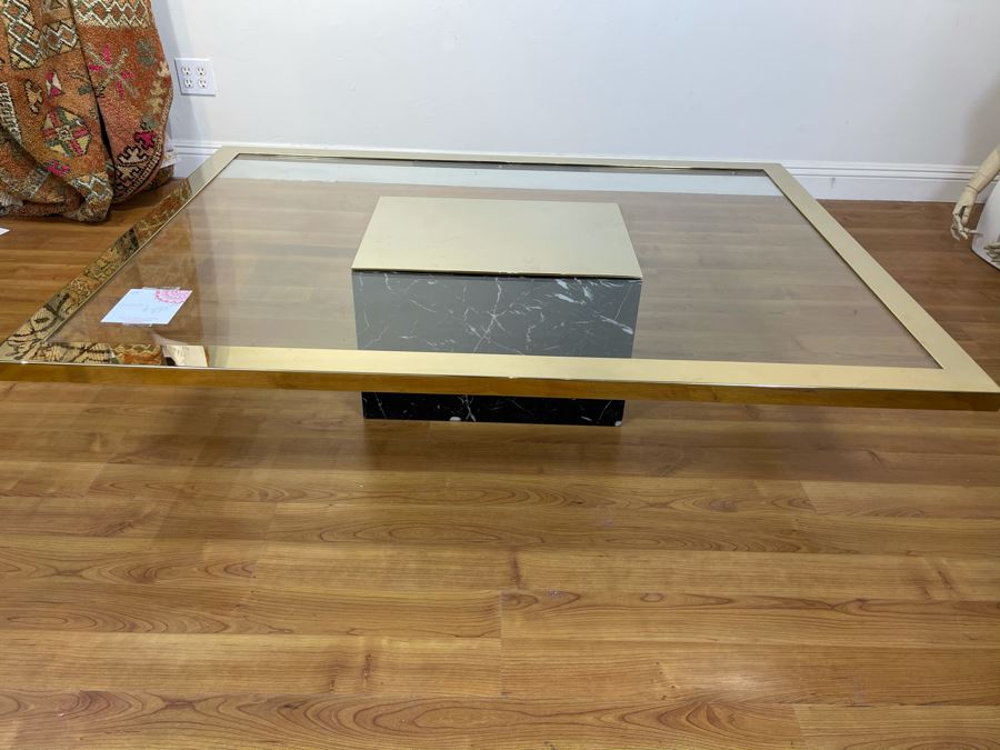 Glass Coffee Table With Brass Trim And Veneered Marble Base (Some Chips In Base - See Photos) 57'W X 42'D X 13'H [Photo 4]