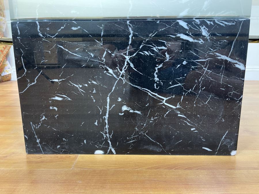 Glass Coffee Table With Brass Trim And Veneered Marble Base (Some Chips In Base - See Photos) 57'W X 42'D X 13'H [Photo 7]