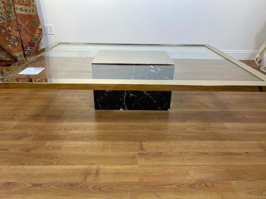 Glass Coffee Table With Brass Trim And Veneered Marble Base (Some Chips In Base - See Photos) 57'W X 42'D X 13'H [Photo 11]