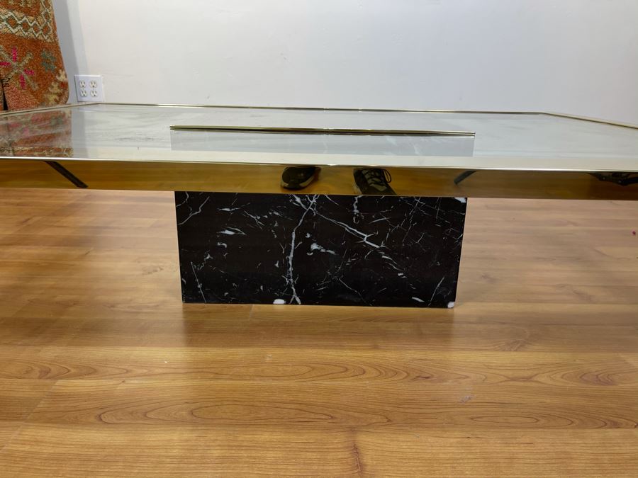 Glass Coffee Table With Brass Trim And Veneered Marble Base (Some Chips In Base - See Photos) 57'W X 42'D X 13'H [Photo 6]