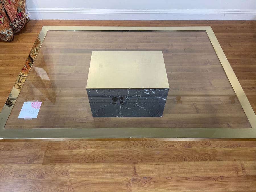 Glass Coffee Table With Brass Trim And Veneered Marble Base (Some Chips In Base - See Photos) 57'W X 42'D X 13'H [Photo 5]