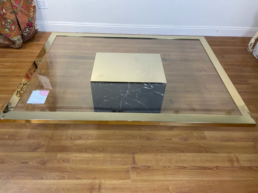 Glass Coffee Table With Brass Trim And Veneered Marble Base (Some Chips In Base - See Photos) 57'W X 42'D X 13'H [Photo 3]