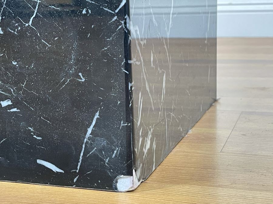 Glass Coffee Table With Brass Trim And Veneered Marble Base (Some Chips In Base - See Photos) 57'W X 42'D X 13'H [Photo 9]