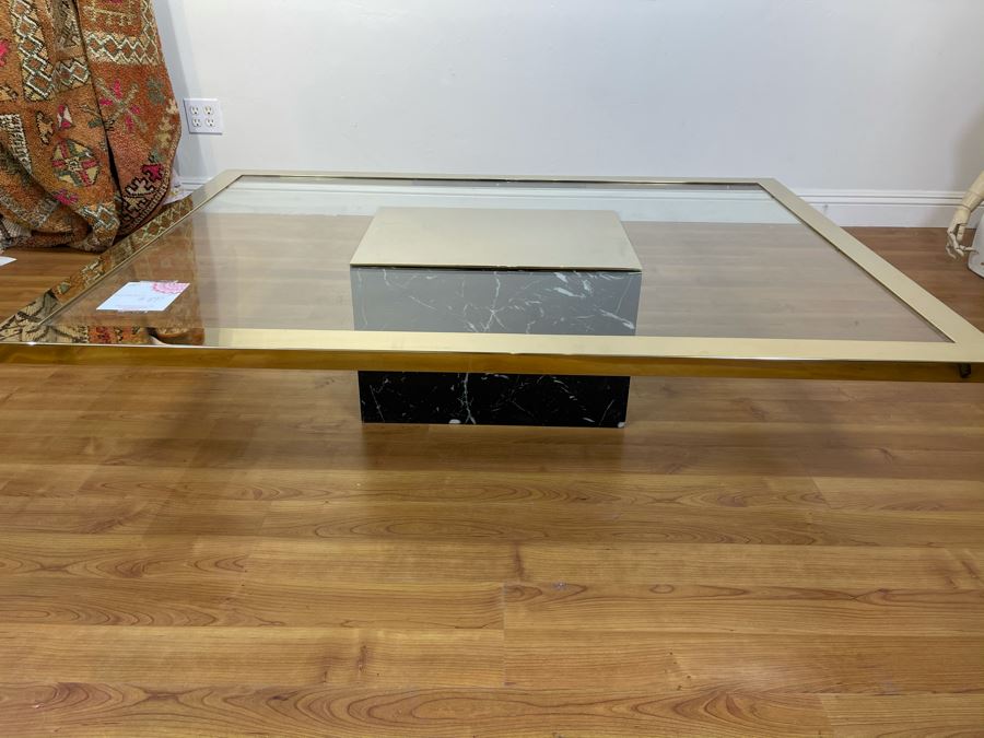 Glass Coffee Table With Brass Trim And Veneered Marble Base (Some Chips In Base - See Photos) 57'W X 42'D X 13'H