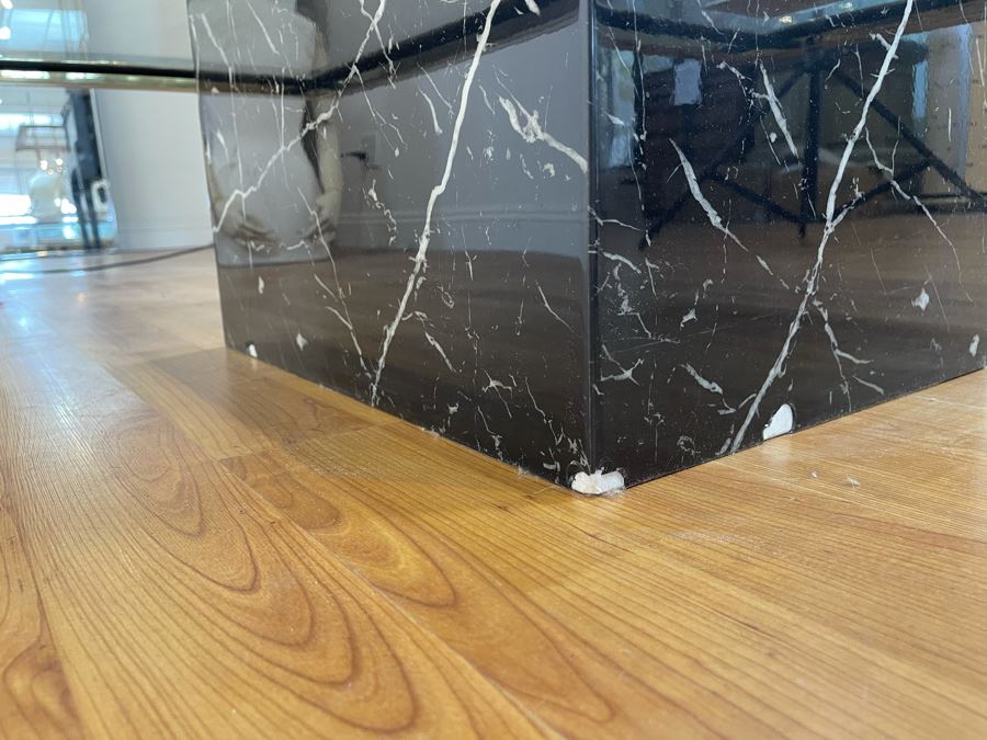 Glass Coffee Table With Brass Trim And Veneered Marble Base (Some Chips In Base - See Photos) 57'W X 42'D X 13'H [Photo 10]