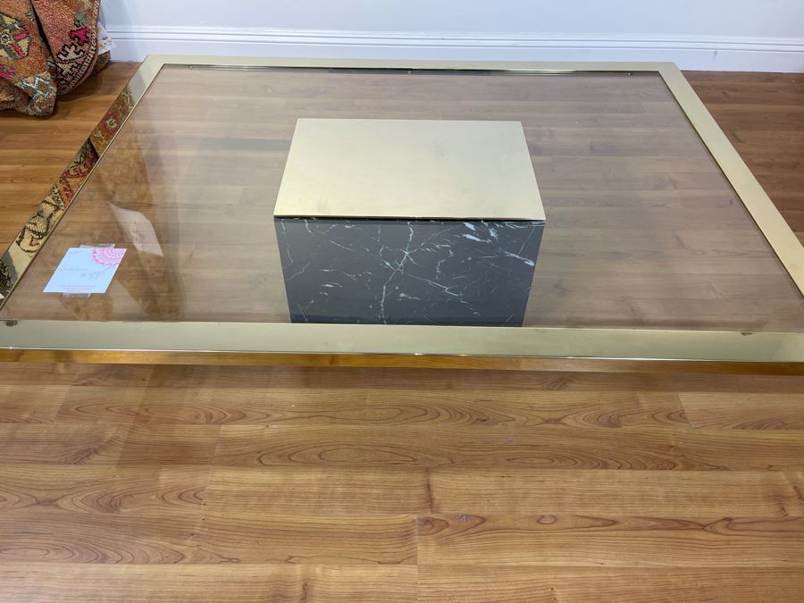 Glass Coffee Table With Brass Trim And Veneered Marble Base (Some Chips In Base - See Photos) 57'W X 42'D X 13'H [Photo 2]