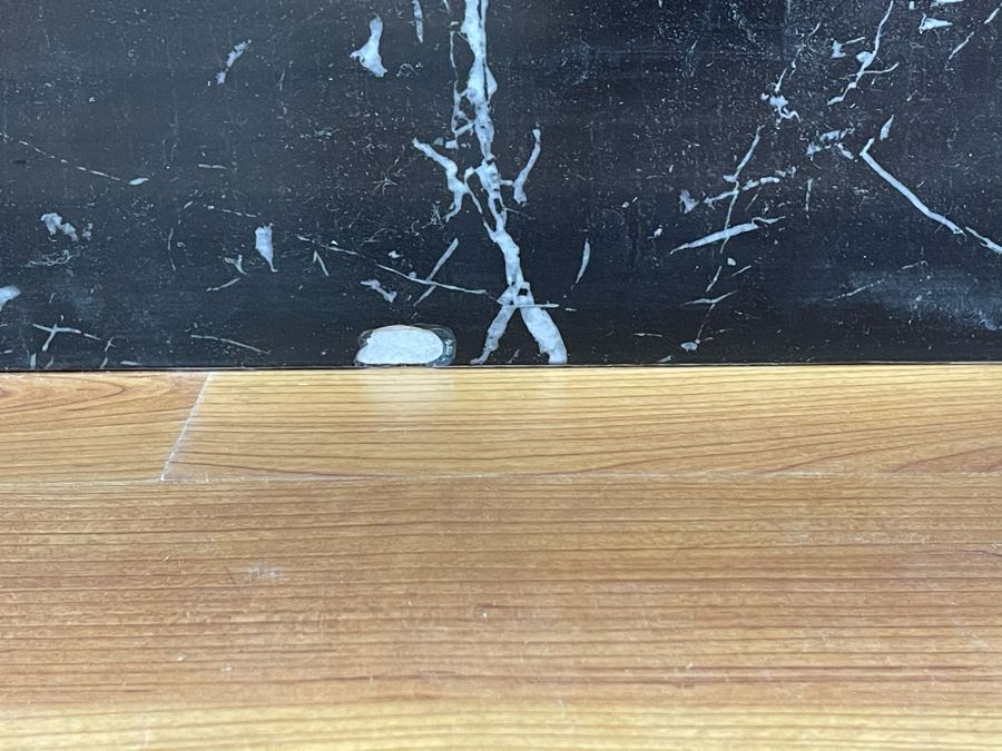 Glass Coffee Table With Brass Trim And Veneered Marble Base (Some Chips In Base - See Photos) 57'W X 42'D X 13'H [Photo 8]