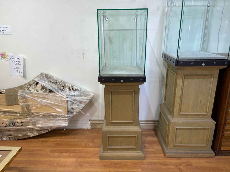 Lighted Display Case On Solid Wooden Pedestal With Lock And Key 20'W X 62'H