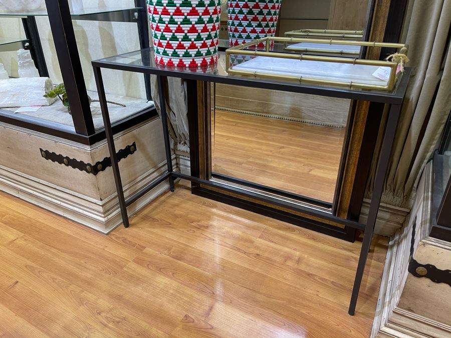 Metal Glass Top Console Table 39'W X 14'D X 29'H [Photo 2]