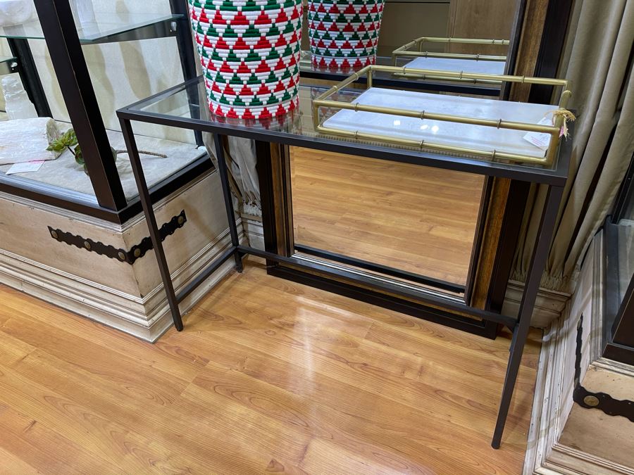 Metal Glass Top Console Table 39'W X 14'D X 29'H [Photo 3]